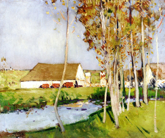 Farm near the River, vintage artwork by Pierre-Eugène Montezin, 12x8" (A4) Poster