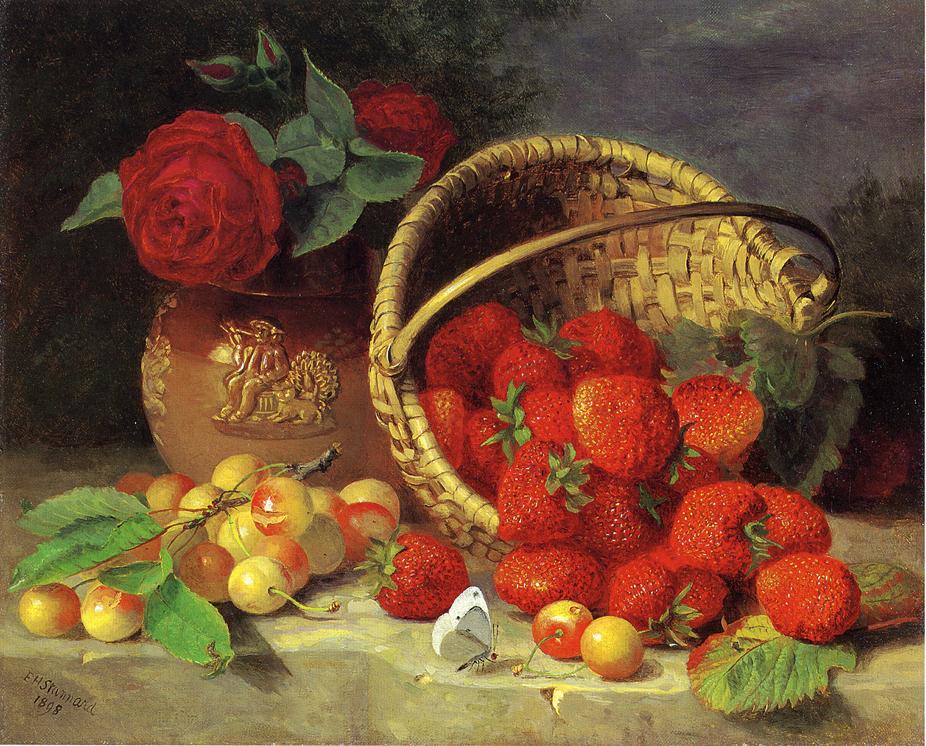 A Basket of Strawberries, Cherries, a Butterfly and Red Roses in a Vase on a Stone Ledge, vintage artwork by Eloise Harriet Stannard, 12x8" (A4) Poster