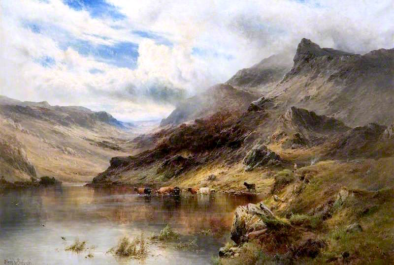 Cattle Watering on Ben A'An, vintage artwork by Alfred de Breanski, Sr., 12x8" (A4) Poster