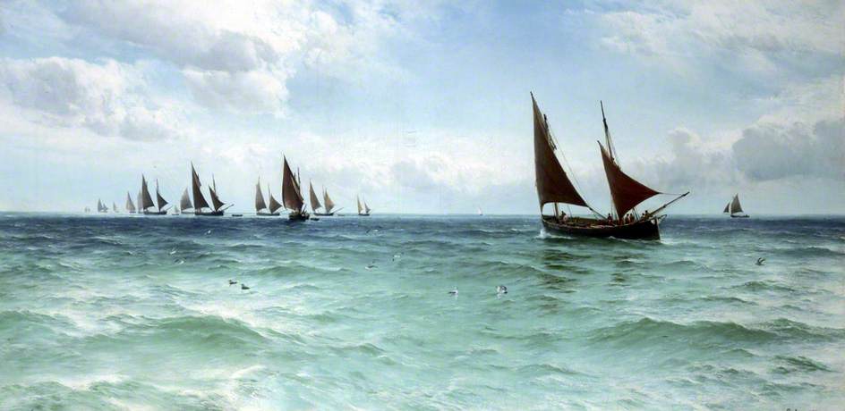 Fishing Boats Going Out, vintage artwork by David James, 12x8" (A4) Poster