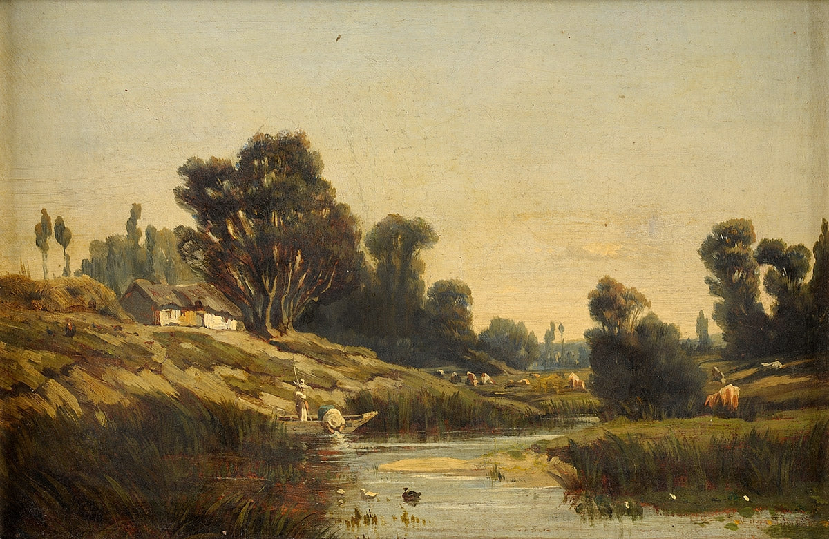 River landscape with washerwomen, vintage artwork by Camille Flers, A3 (16x12") Poster Print