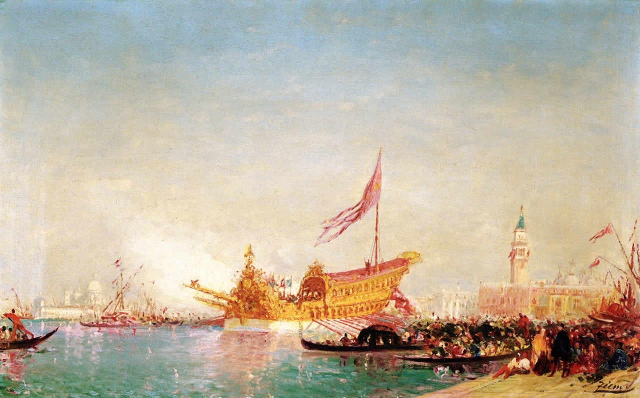 Le Bucentaure vu du quai des esclaffons, Venise, vintage artwork by Felix-Francois-Georges-Philbert Ziem, 12x8" (A4) Poster