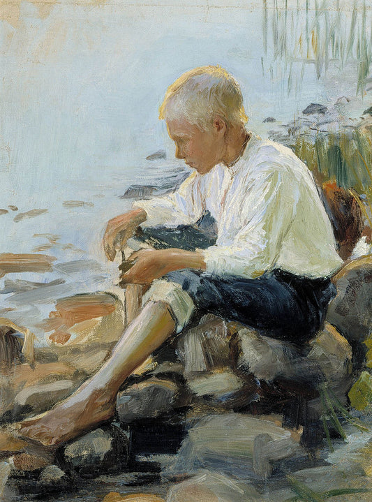 Boy on the Shore, vintage artwork by Pekka Halonen, 12x8" (A4) Poster