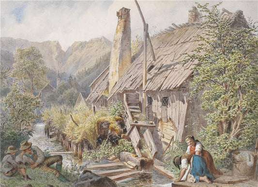 An Old Watermill, vintage artwork by Carl Goebel, 12x8" (A4) Poster