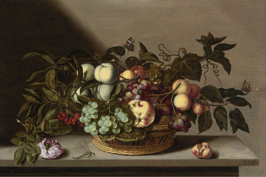A Still Life of Grapes, Cherries, Peaches and Other Fruit in a Basket, vintage artwork by Bartholomeus Assteyn, 12x8" (A4) Poster