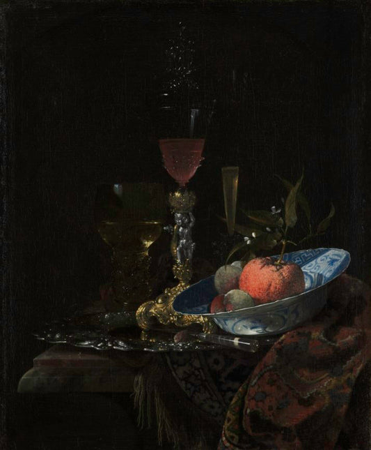 Wine Glass and Bowl of Fruit, vintage artwork by Willem Kalf, 12x8" (A4) Poster