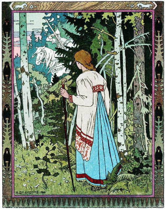 Vasilisa and the White Knight, vintage artwork by Ivan Yakovlevich Bilibin, 12x8" (A4) Poster