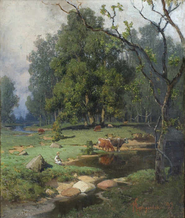In a forest stream. Landscape with a herd, vintage artwork by Petr Sukhodolsky, 12x8" (A4) Poster