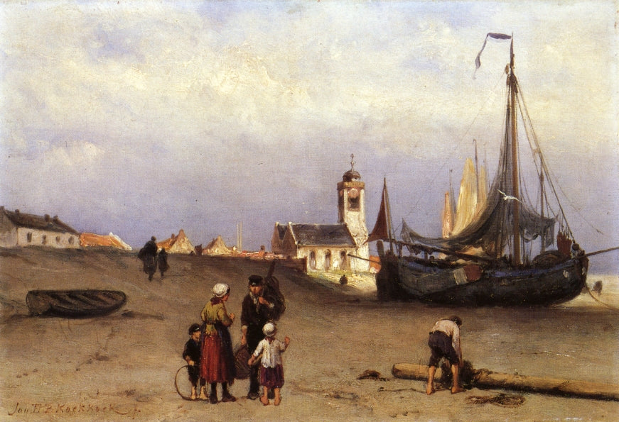 Fisher Folk and Beach Bomschuiten, near Katwijk, vintage artwork by Johannes Hermanus Barend Koekkoek, 12x8" (A4) Poster