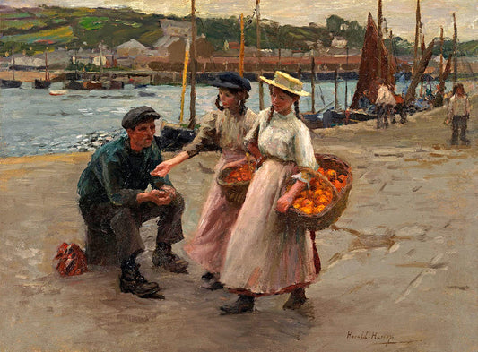 The Orange Sellers, Newlyn Harbour, vintage artwork by Harold Charles Francis Harvey, 12x8" (A4) Poster