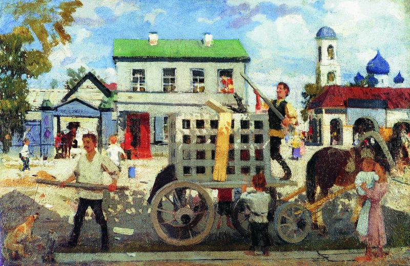 Catching Stray Dogs, vintage artwork by Boris Mikhailovich Kustodiev, 12x8" (A4) Poster
