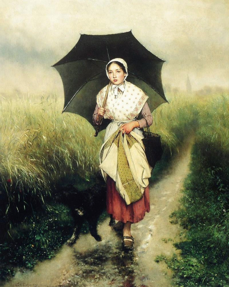 Young Girl with an Umbrella, vintage artwork by Évariste Carpentier, 12x8" (A4) Poster