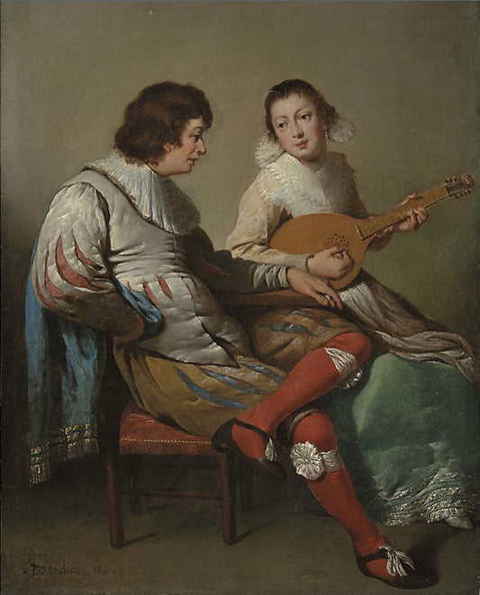 An Elegant Couple Playing Music, vintage artwork by Jacob van Velsen, 12x8" (A4) Poster