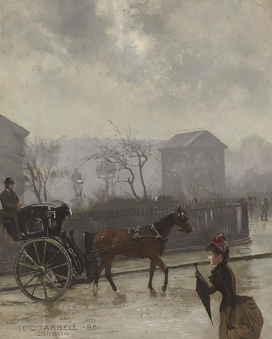 Hansom Cab in London, vintage artwork by Edmund Tarbell, 12x8" (A4) Poster