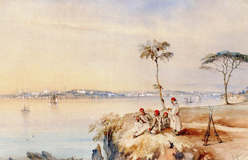 View towards Constantinople with Soldiers Resting, vintage artwork by Count Amadeo Preziosi, A3 (16x12") Poster Print