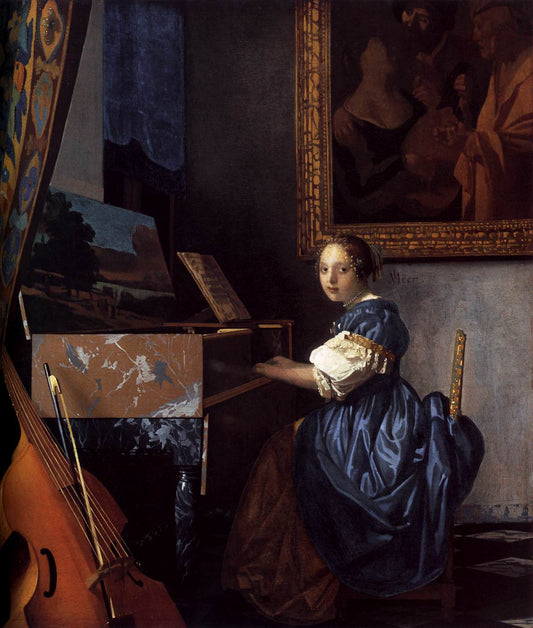 Lady Seated at a Virginal, vintage artwork by Johannes Vermeer, 12x8" (A4) Poster