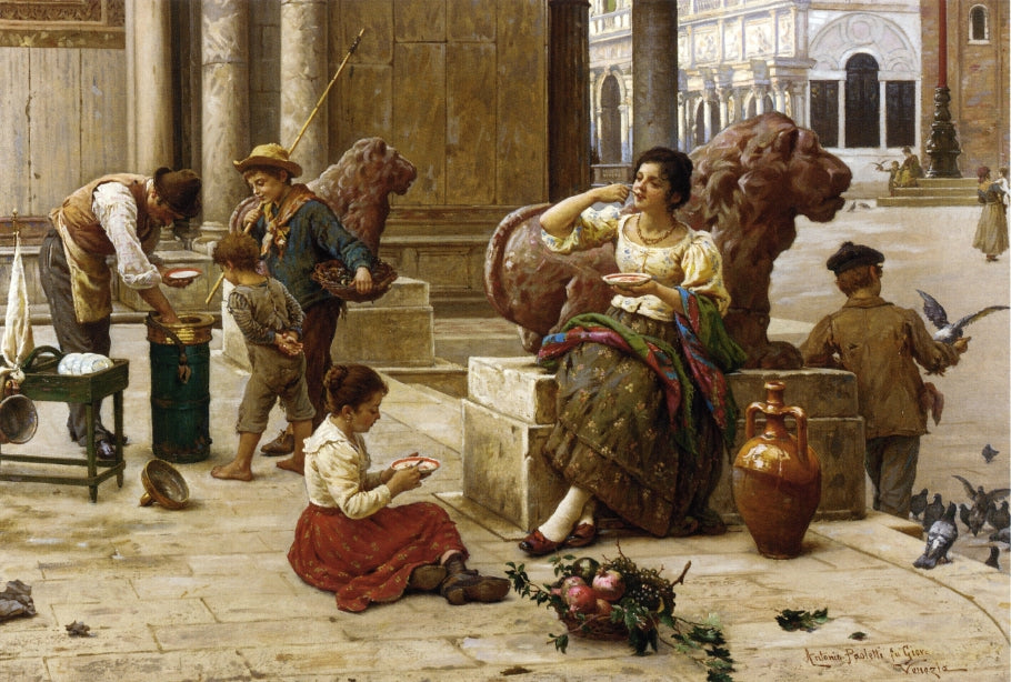 An Afternoon Rest in the Piazza San Marco, vintage artwork by Antonio Paoletti, 12x8" (A4) Poster