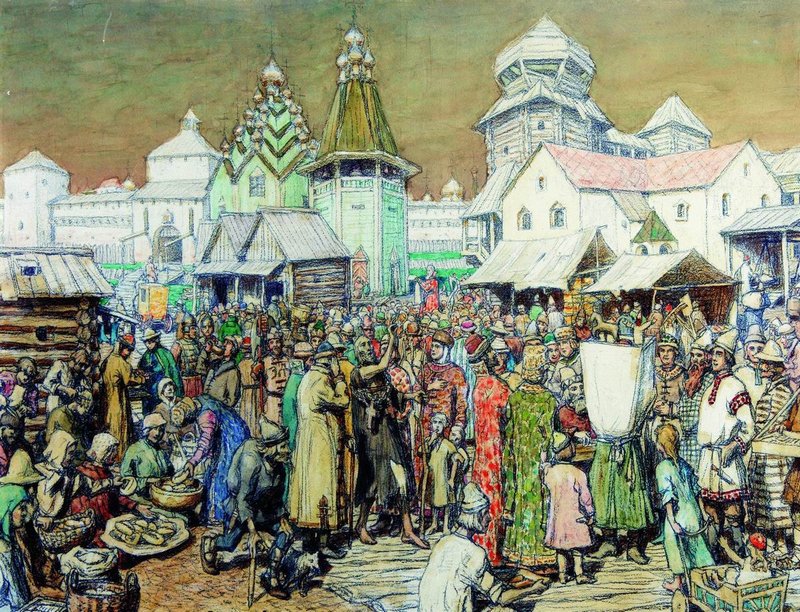 City Square in the XVII Century, vintage artwork by Apollinari Vasnetsov, 12x8" (A4) Poster