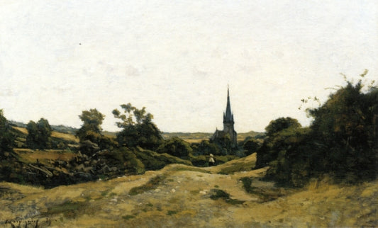 Eglise de St Prive, Yonne, vintage artwork by Henri-Joseph Harpignies, A3 (16x12") Poster Print