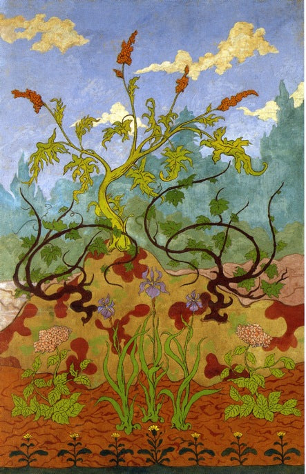 Four Decorative Panels: Iris and Large Yellow and Mauve Flowers, vintage artwork by Paul Ranson, 12x8" (A4) Poster