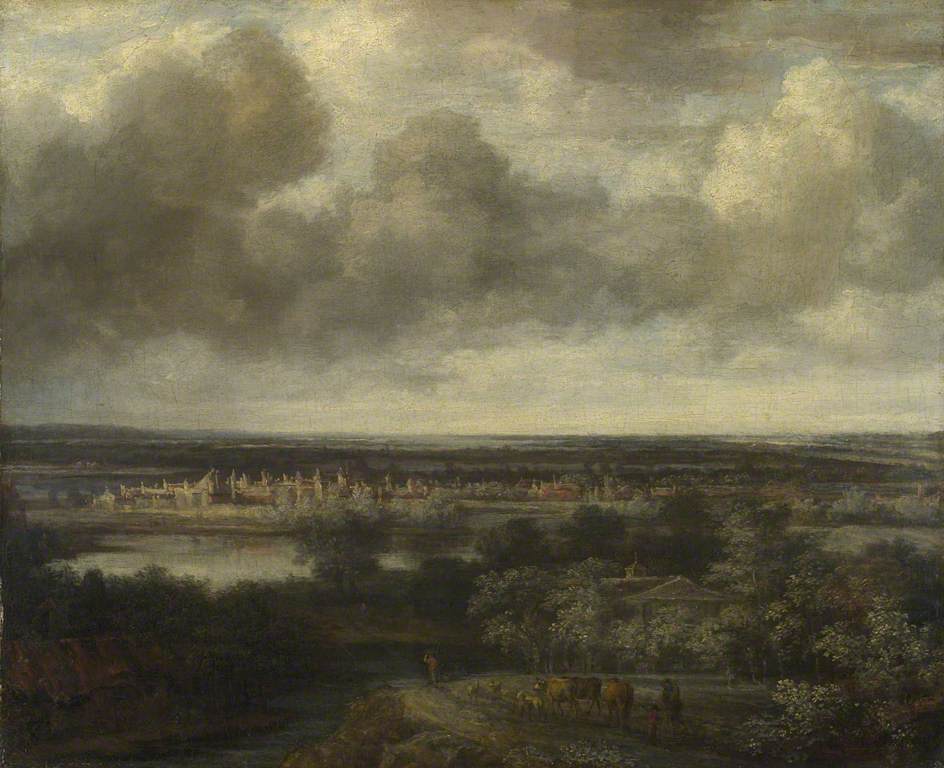Extensive Landscape with a Town in the Middle Distance, vintage artwork by Philips Koninck, 12x8" (A4) Poster