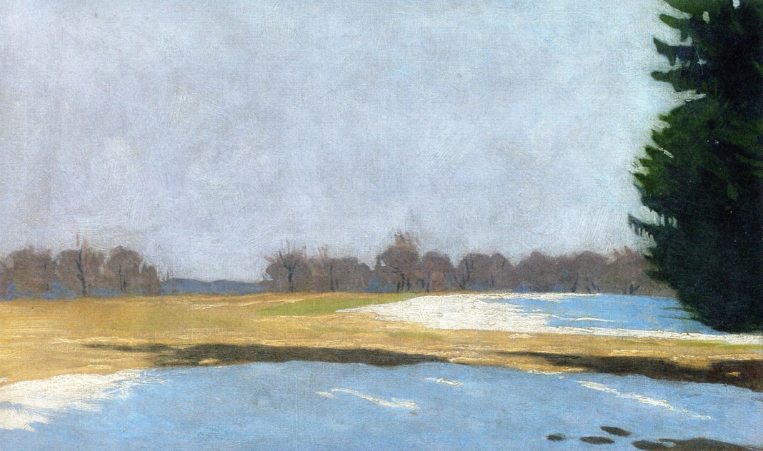 Landscape with Snow Remainders, vintage artwork by Hans Emmenegger, 12x8" (A4) Poster