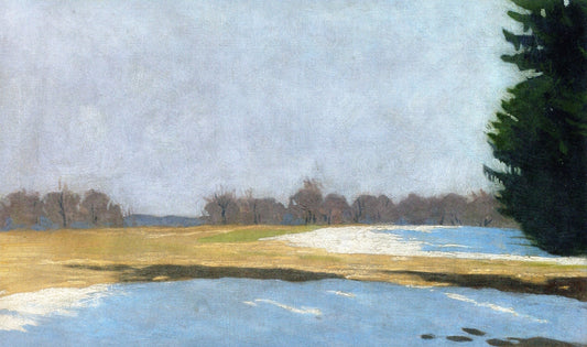 Landscape with Snow Remainders, vintage artwork by Hans Emmenegger, 12x8" (A4) Poster