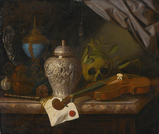 A vanitas still life, vintage artwork by Pieter Gerritz. van Roestraten, 12x8" (A4) Poster