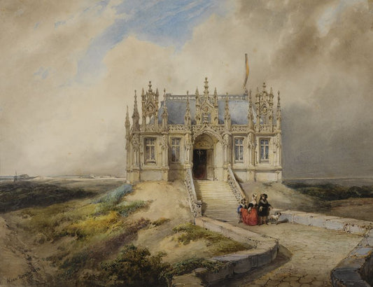A Couple in Front of a Gothic Building, vintage artwork by Hubertus van Hove, A3 (16x12") Poster Print