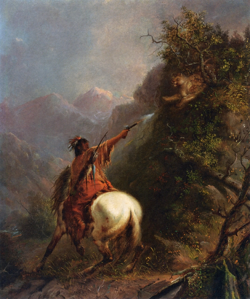 Indian Shooting a Cougar, vintage artwork by Alfred Jacob Miller, A3 (16x12") Poster Print