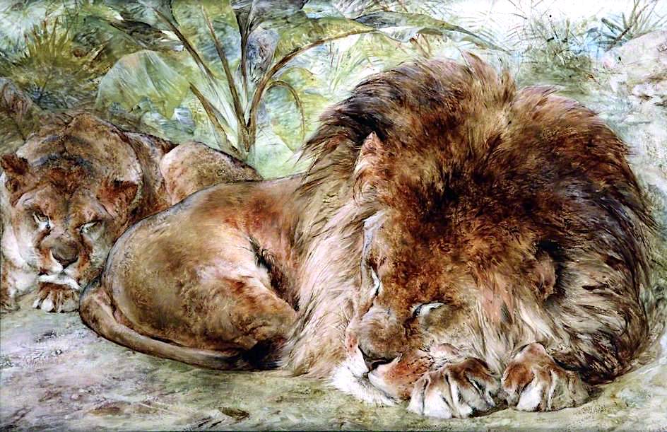 Siesta, Sleeping Lions, vintage artwork by William Huggins, A3 (16x12") Poster Print