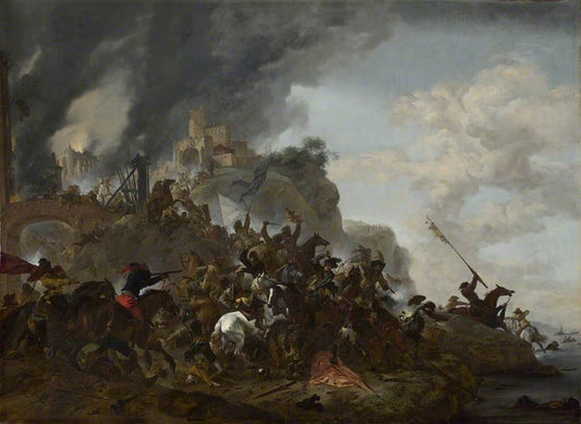 Cavalry Making a Sortie from a Fort on a Hill, vintage artwork by Philips Wouwerman, 12x8" (A4) Poster