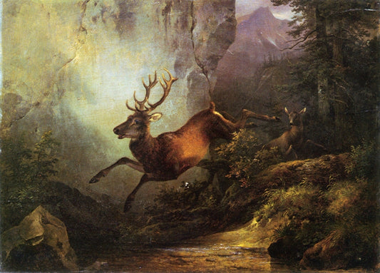 Deer Running through a Forest, vintage artwork by Friedrich Gauermann, A3 (16x12") Poster Print