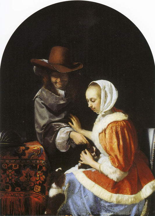 Teasing the Pet, vintage artwork by Frans van Mieris the Elder, 12x8" (A4) Poster