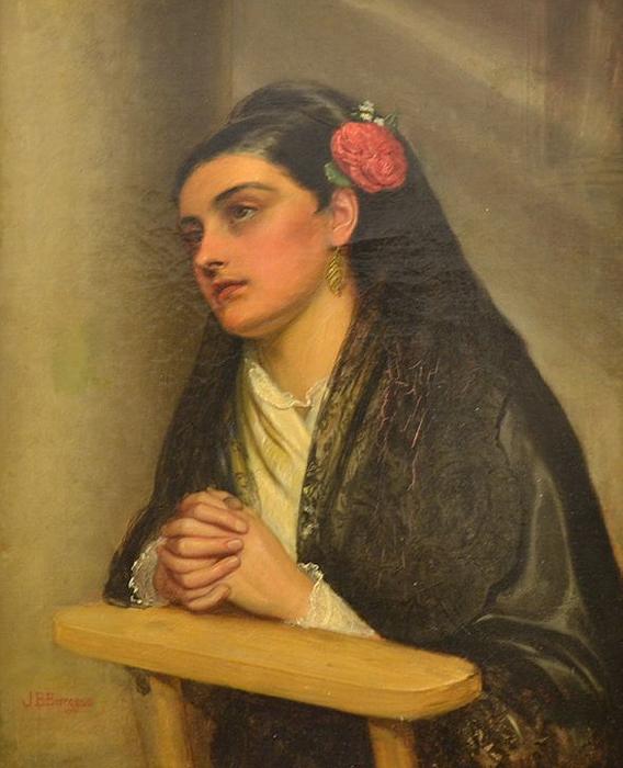 Spanish Woman with a Rose, Praying, vintage artwork by John Bagnold Burgess, 12x8" (A4) Poster
