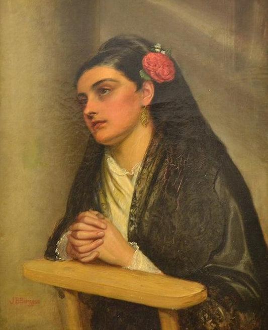Spanish Woman with a Rose, Praying, vintage artwork by John Bagnold Burgess, 12x8" (A4) Poster