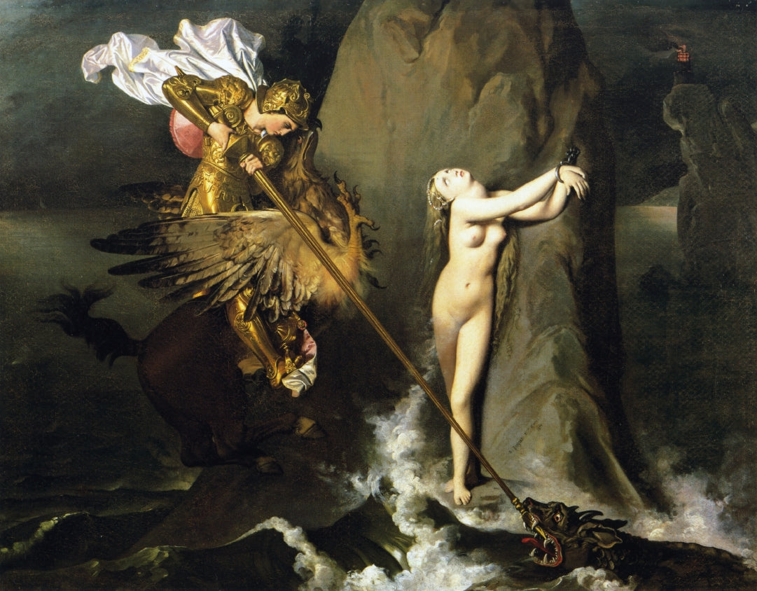 Roger Freeing Angelica, vintage artwork by Jean-Auguste-Dominique Ingres, 12x8" (A4) Poster