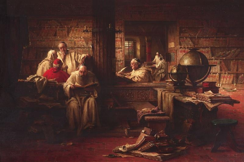 Monks in the Scriptorium, vintage artwork by Richard Linderum, 12x8" (A4) Poster