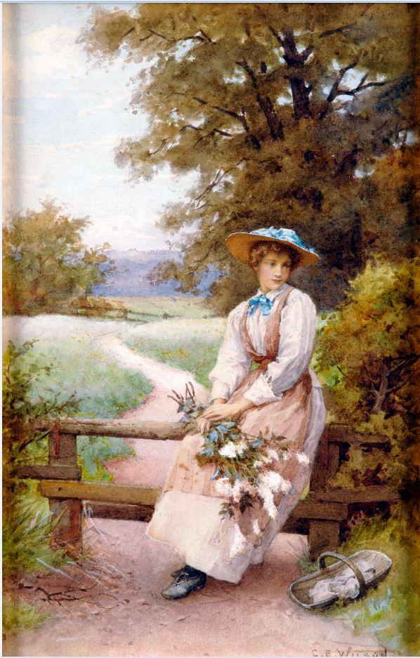 Lady with Picked Flowers Waiting on Bench, vintage artwork by Charles Edward Wilson, 12x8" (A4) Poster
