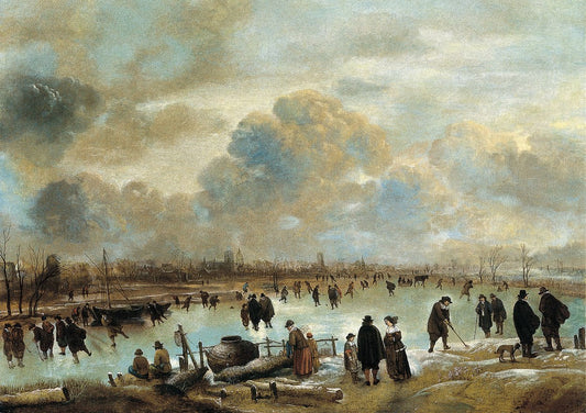 Winter Landscape with Skaters on a Frozen Waterway, vintage artwork by Aert van der Neer, 12x8" (A4) Poster