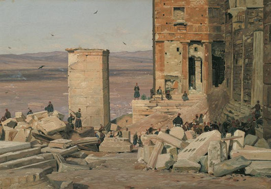 Greeks Working in the Ruins of the Acropolis (Grækere arbejder i ruinerne ved Akropolis), vintage artwork by Martinus Rørby e, A3 (16x12") Poster Print