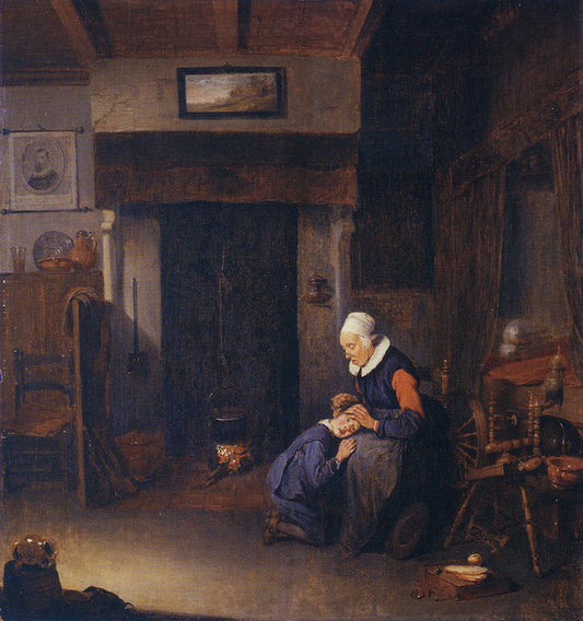 Old Woman Delousing a Child, vintage artwork by Quiringh van Brekelenkam, 12x8" (A4) Poster
