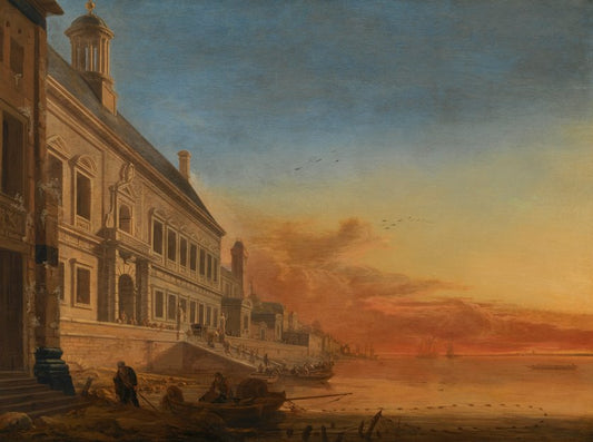 An Architectural Coastal Capriccio at Sunset, vintage artwork by Gerard Houckgeest, 12x8" (A4) Poster