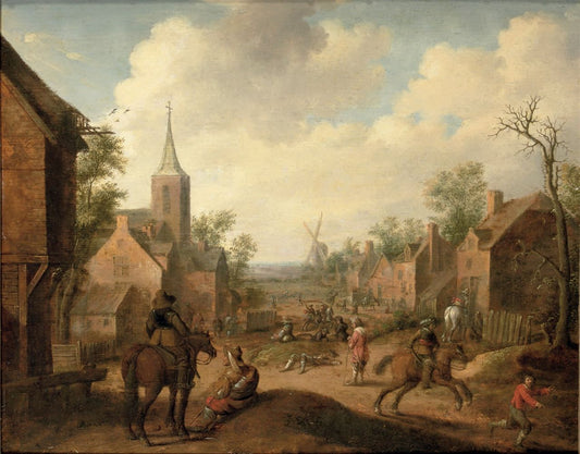 Soldiers plundering a village, vintage artwork by Joost Cornelisz. Droochsloot, 12x8" (A4) Poster