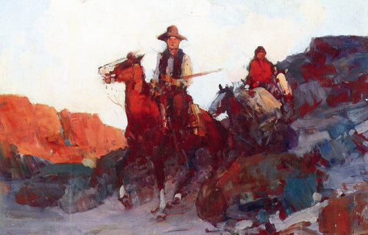 Cowboy and Indian on Horseback, vintage artwork by Frank Tenney Johnson, 12x8" (A4) Poster