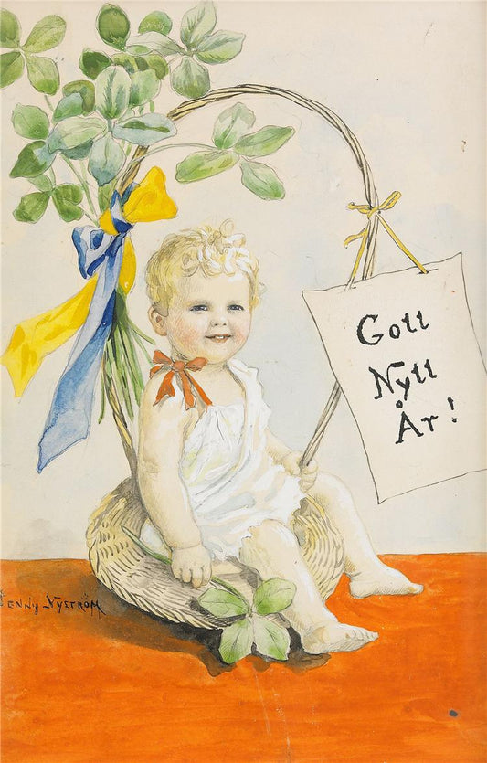 New Year Greeting - Boy in Basket, vintage artwork by Jenny Nyström, 12x8" (A4) Poster