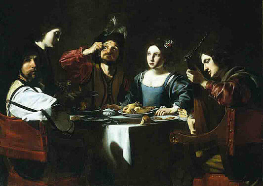 Banquet Scene with Lute Player, vintage artwork by Nicolas Tournier, 12x8" (A4) Poster