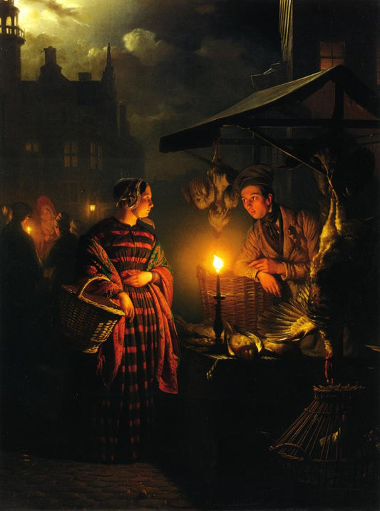 Market Place by  Candlelight, vintage artwork by Petrus van Schendel, A3 (16x12") Poster Print