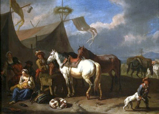 Encampment Scene with Woman Nursing a Baby , vintage artwork by Pieter van Bloemen, 12x8" (A4) Poster