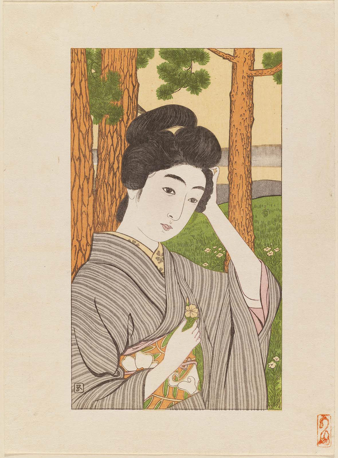 Young Woman in a Grove of Trees, vintage artwork by Goyō Hashiguchi, 12x8" (A4) Poster